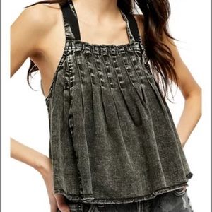 Free people marina washed denim pleated square neck babydoll cross back crop top